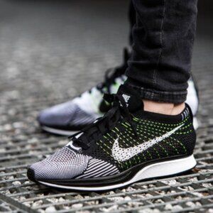 Nike Women's Flyknit Racers Black and White With Neon Orca Volt Wire
